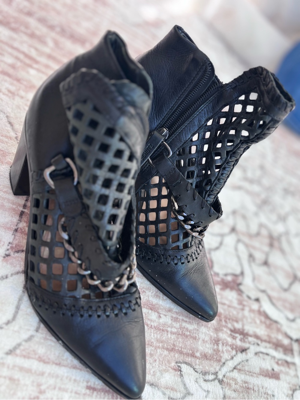 Stuart Weitzman Black Lattice Cutout Pointed Toe Block Heel Booties